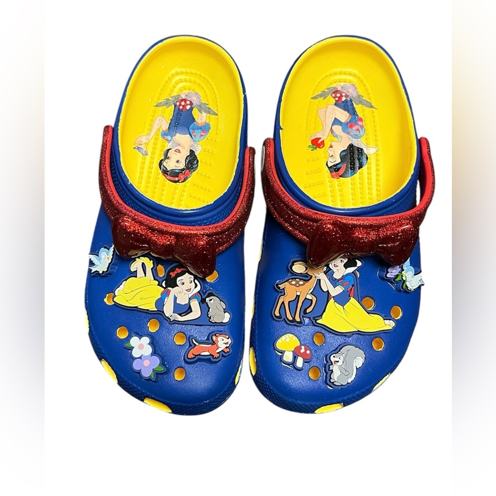 Crocs Snow White Glitter Bow Clogs Blue Yellow Kids J3 Disney Princess Youth